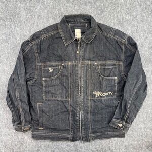 Vintage State Property Jacket Mens Large Denim Dark Wash Embroidered Logo Zip Up